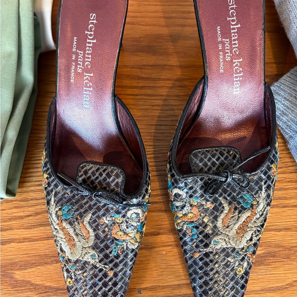 Stephane Kelian Black and Multicolor Embroidered mules